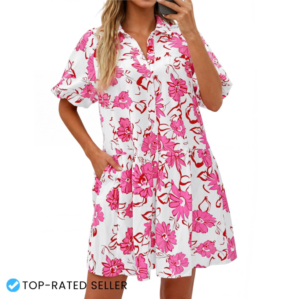 Boho Floral Babydoll Mini Dress Puff Sleeve Button Down Casual Summer